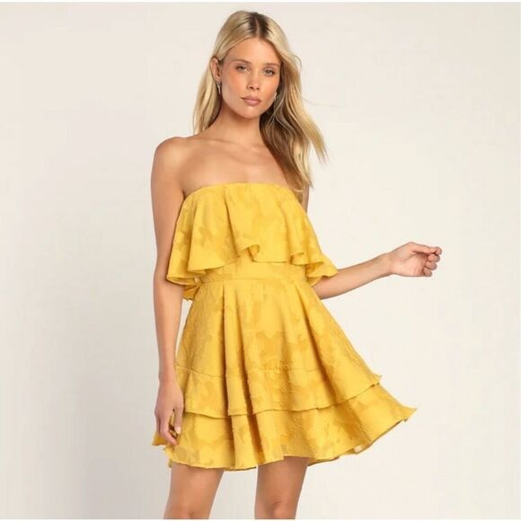 Lulu's Dresses & Skirts - Lulu’s True Lover Mustard Yellow Burnout Floral Strapless Mini Dress
